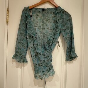 H&M Teal Floral Ruffle Blouse